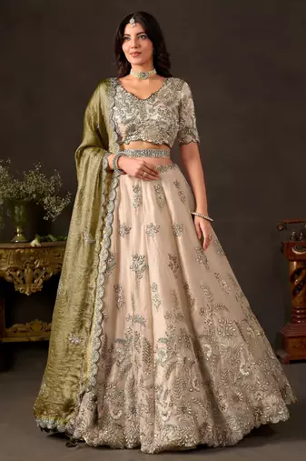 Artistic Cream Embroidered Silk Marriage Wear Lehenga Choli