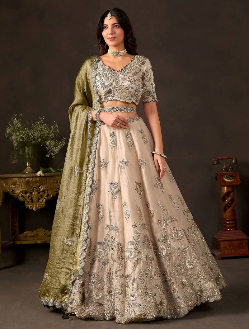 Artistic Cream Embroidered Silk Marriage Wear Lehenga Choli