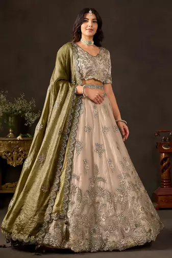 Artistic Cream Embroidered Silk Marriage Wear Lehenga Choli