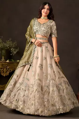 Artistic Cream Embroidered Silk Marriage Wear Lehenga Choli