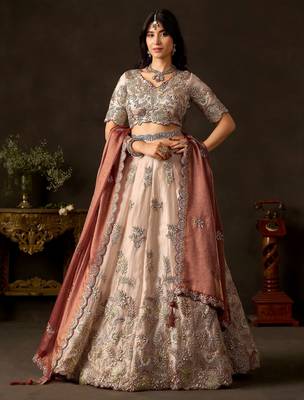 Elegant Cream Sequins Work Silk Reception Wear Lehenga Choli 1