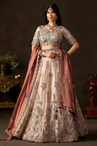 Elegant Cream Sequins Work Silk Reception Wear Lehenga Choli
