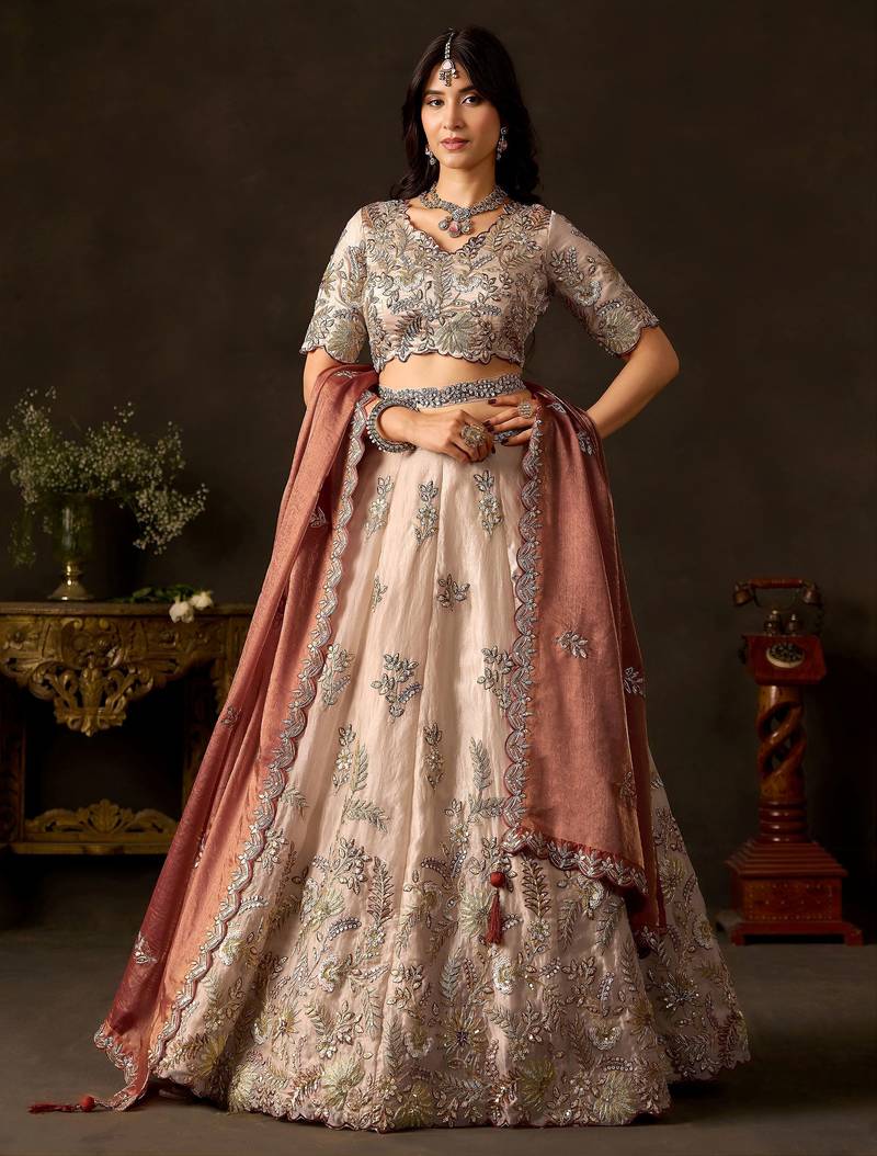 Elegant Cream Sequins Work Silk Reception Wear Lehenga Choli