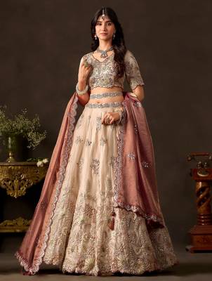 Elegant Cream Sequins Work Silk Reception Wear Lehenga Choli 2
