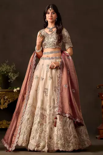Elegant Cream Sequins Work Silk Reception Wear Lehenga Choli
