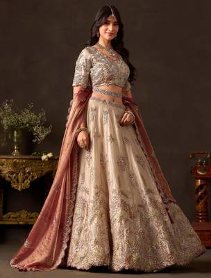 Elegant Cream Sequins Work Silk Reception Wear Lehenga Choli 3