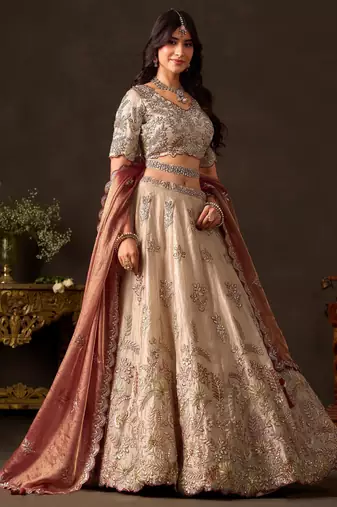 Elegant Cream Sequins Work Silk Reception Wear Lehenga Choli
