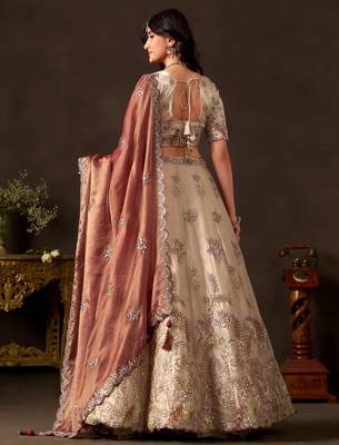 Elegant Cream Sequins Work Silk Reception Wear Lehenga Choli 4