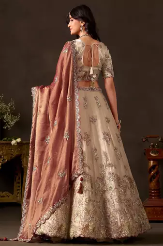 Elegant Cream Sequins Work Silk Reception Wear Lehenga Choli
