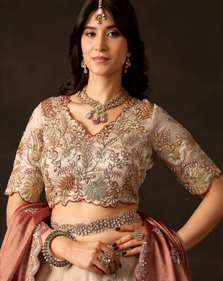 Elegant Cream Sequins Work Silk Reception Wear Lehenga Choli 5
