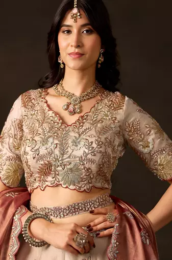 Elegant Cream Sequins Work Silk Reception Wear Lehenga Choli