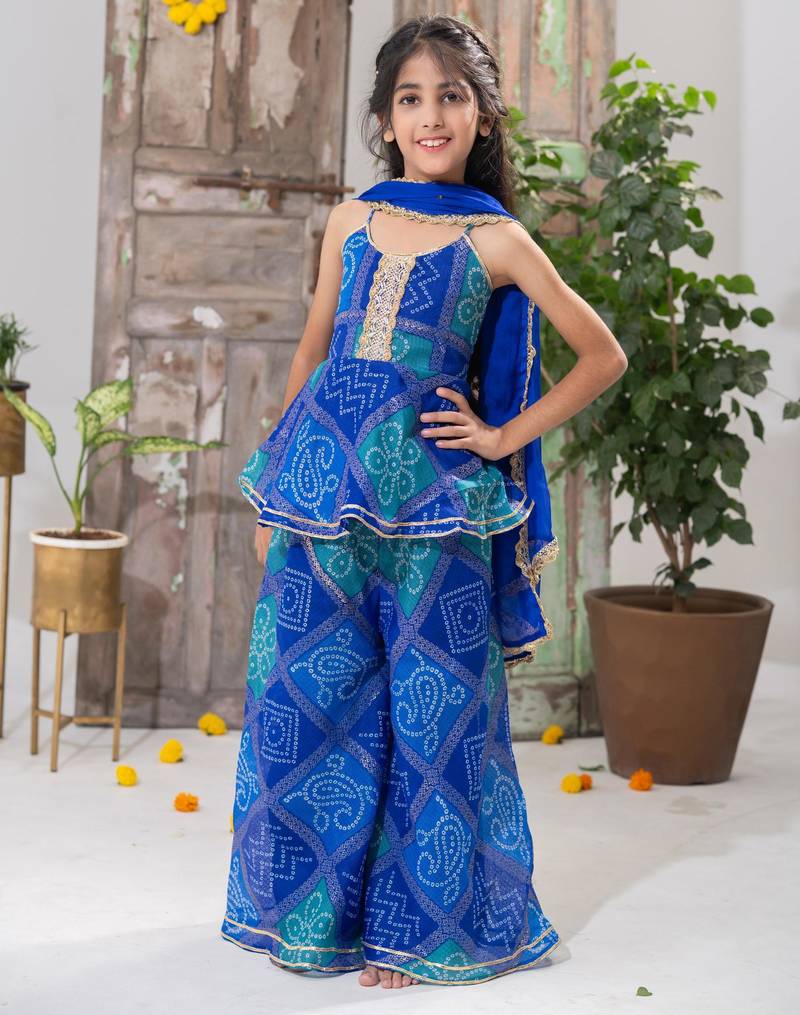 Blue Color Kids Bandhani Peplum Palazzo Set