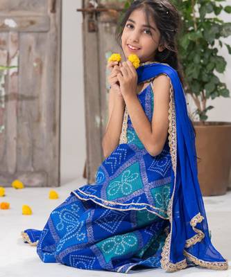 Blue Color Kids Bandhani Peplum Palazzo Set 2