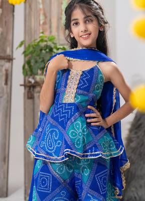 Blue Color Kids Bandhani Peplum Palazzo Set 3