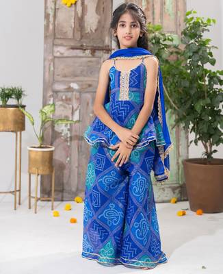 Blue Color Kids Bandhani Peplum Palazzo Set 5
