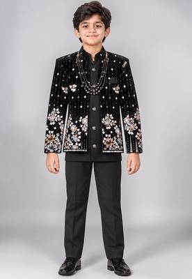 Boys black velvet floral embroidered sequined sherwani & trouser set with waistcoat 1