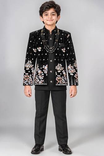 Boys black velvet floral embroidered sequined sherwani & trouser set with waistcoat
