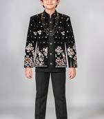 Boys black velvet floral embroidered sequined sherwani & trouser set with waistcoat