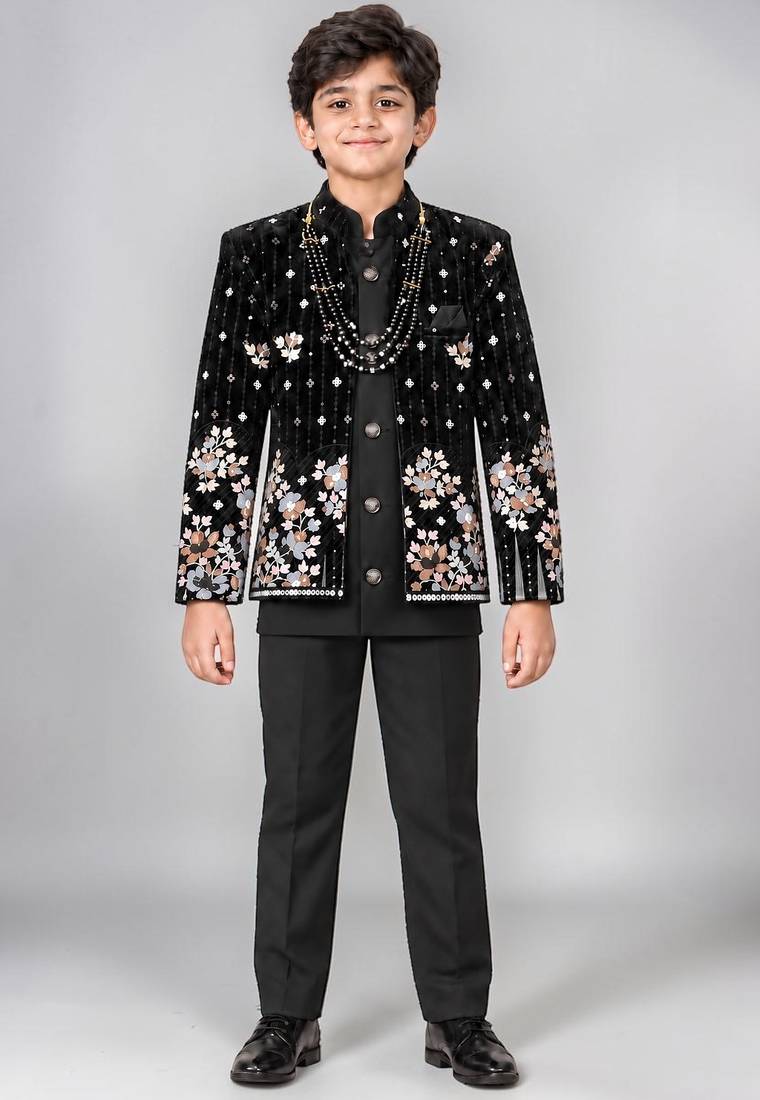Boys black velvet floral embroidered sequined sherwani & trouser set with waistcoat