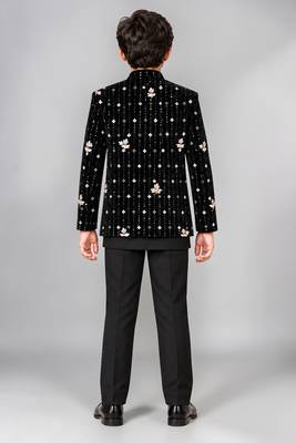 Boys black velvet floral embroidered sequined sherwani & trouser set with waistcoat 2