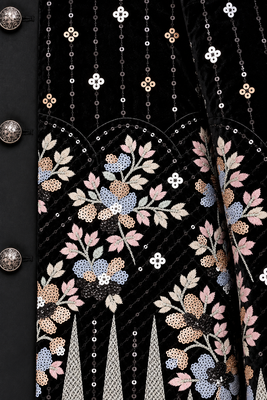Boys black velvet floral embroidered sequined sherwani & trouser set with waistcoat 3