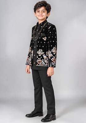 Boys black velvet floral embroidered sequined sherwani & trouser set with waistcoat 4