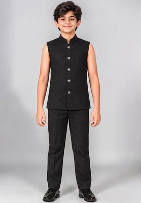 Boys black velvet floral embroidered sequined sherwani & trouser set with waistcoat 5
