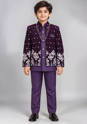 Boys purple velvet floral embroidered sequined sherwani & trouser set with waistcoat 1