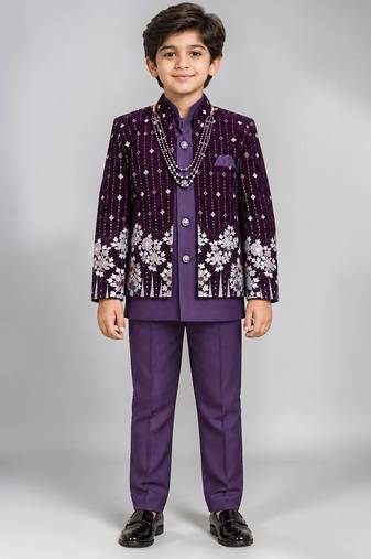 Boys purple velvet floral embroidered sequined sherwani & trouser set with waistcoat