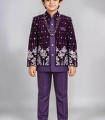 Boys purple velvet floral embroidered sequined sherwani & trouser set with waistcoat