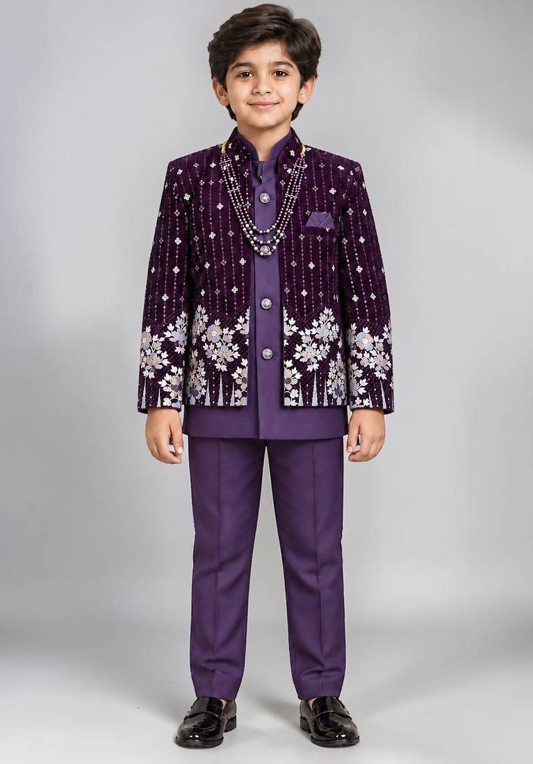 Boys purple velvet floral embroidered sequined sherwani & trouser set with waistcoat