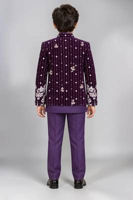 Boys purple velvet floral embroidered sequined sherwani & trouser set with waistcoat 2