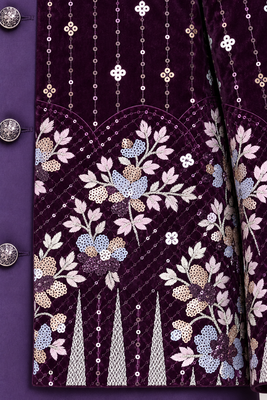 Boys purple velvet floral embroidered sequined sherwani & trouser set with waistcoat 3