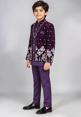 Boys purple velvet floral embroidered sequined sherwani & trouser set with waistcoat 4