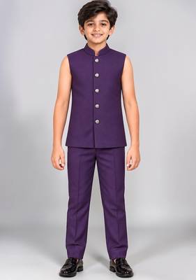 Boys purple velvet floral embroidered sequined sherwani & trouser set with waistcoat 5