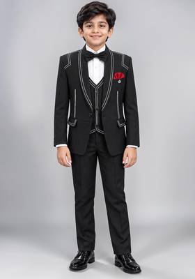 Boys black lycra solid 5 piece suit set with contrast piping design 1