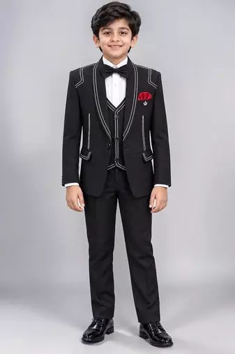 Boys black lycra solid 5 piece suit set with contrast piping design