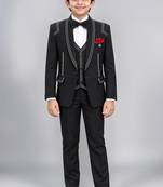 Boys black lycra solid 5 piece suit set with contrast piping design
