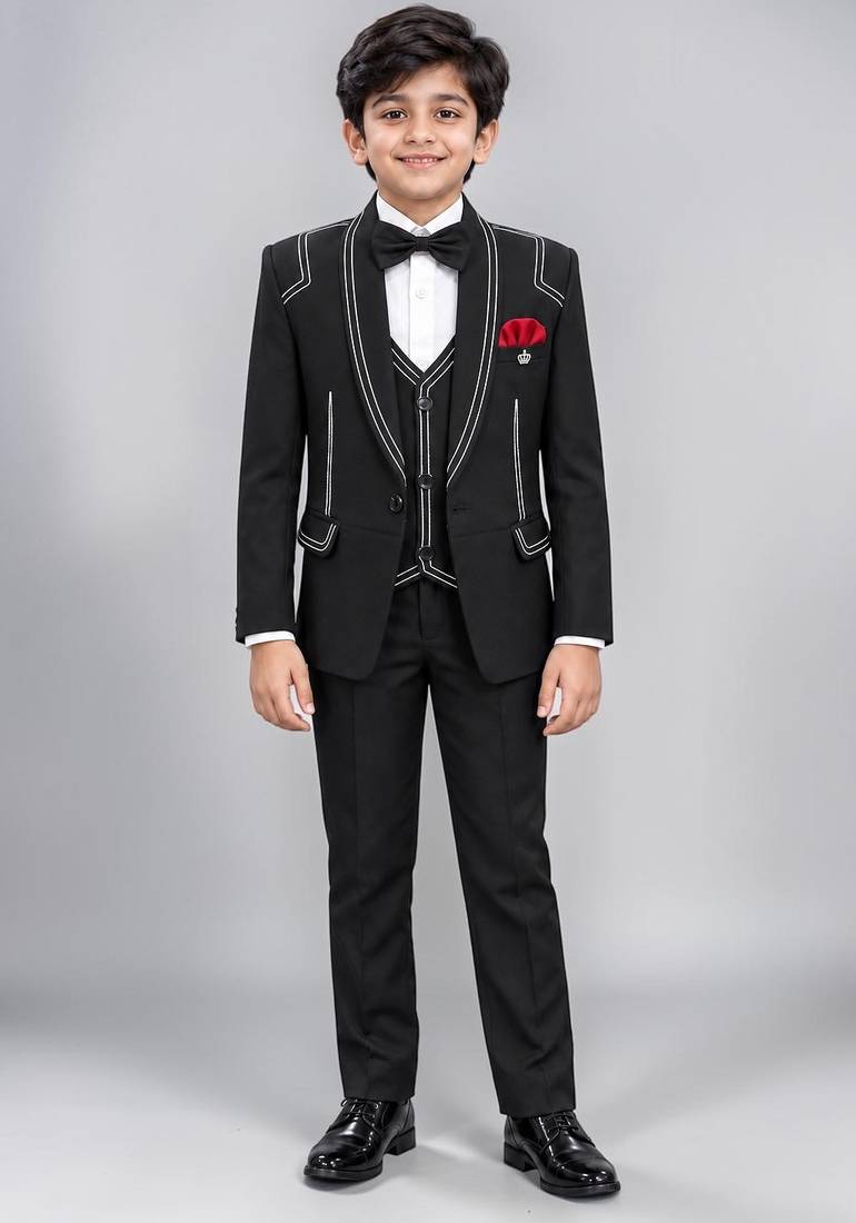 Boys black lycra solid 5 piece suit set with contrast piping design