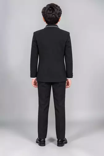 Boys black lycra solid 5 piece suit set with contrast piping design