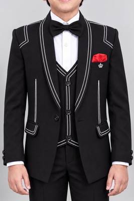 Boys black lycra solid 5 piece suit set with contrast piping design 3