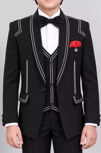 Boys black lycra solid 5 piece suit set with contrast piping design