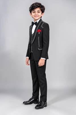 Boys black lycra solid 5 piece suit set with contrast piping design 4