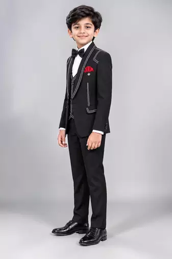 Boys black lycra solid 5 piece suit set with contrast piping design