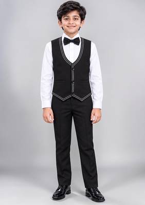 Boys black lycra solid 5 piece suit set with contrast piping design 5