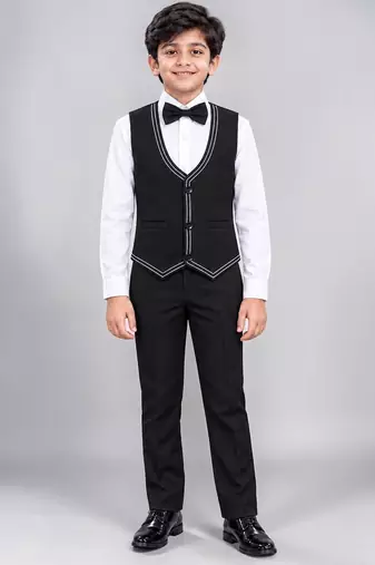 Boys black lycra solid 5 piece suit set with contrast piping design