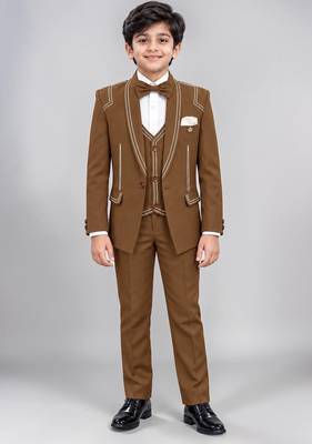 Boys brown lycra solid 5 piece suit set with contrast piping design 1