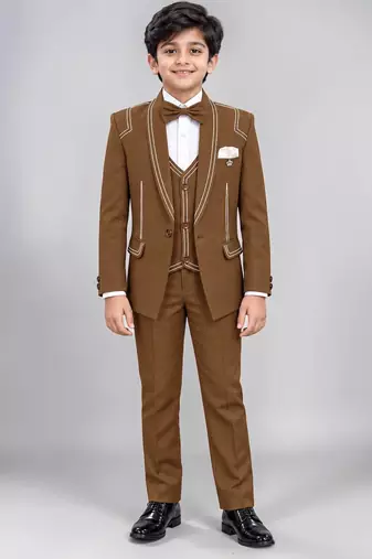 Boys brown lycra solid 5 piece suit set with contrast piping design