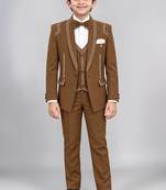 Boys brown lycra solid 5 piece suit set with contrast piping design