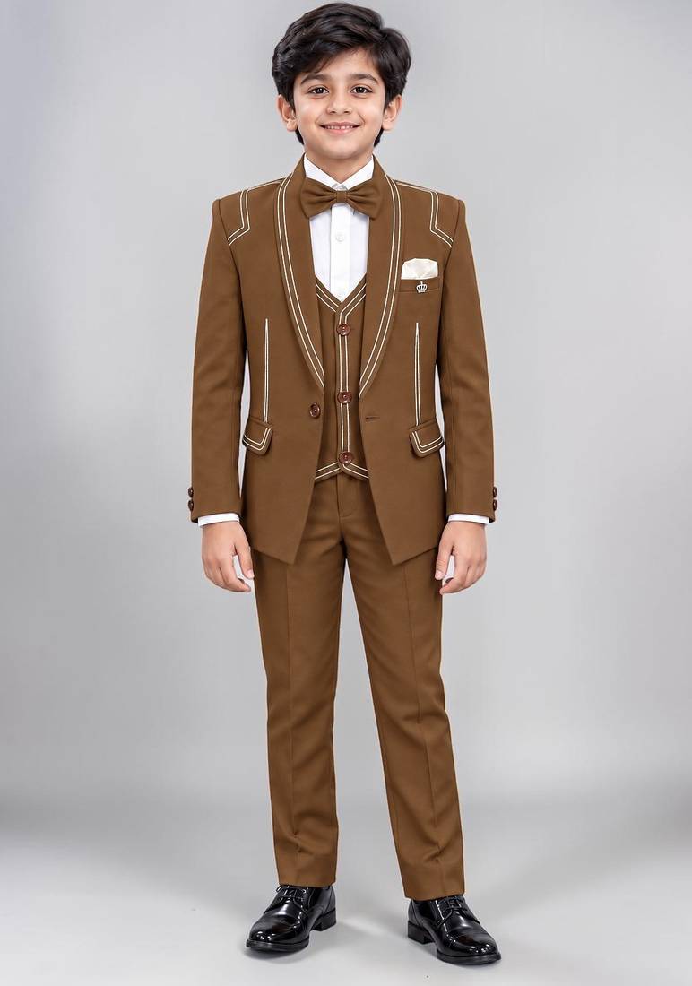 Boys brown lycra solid 5 piece suit set with contrast piping design